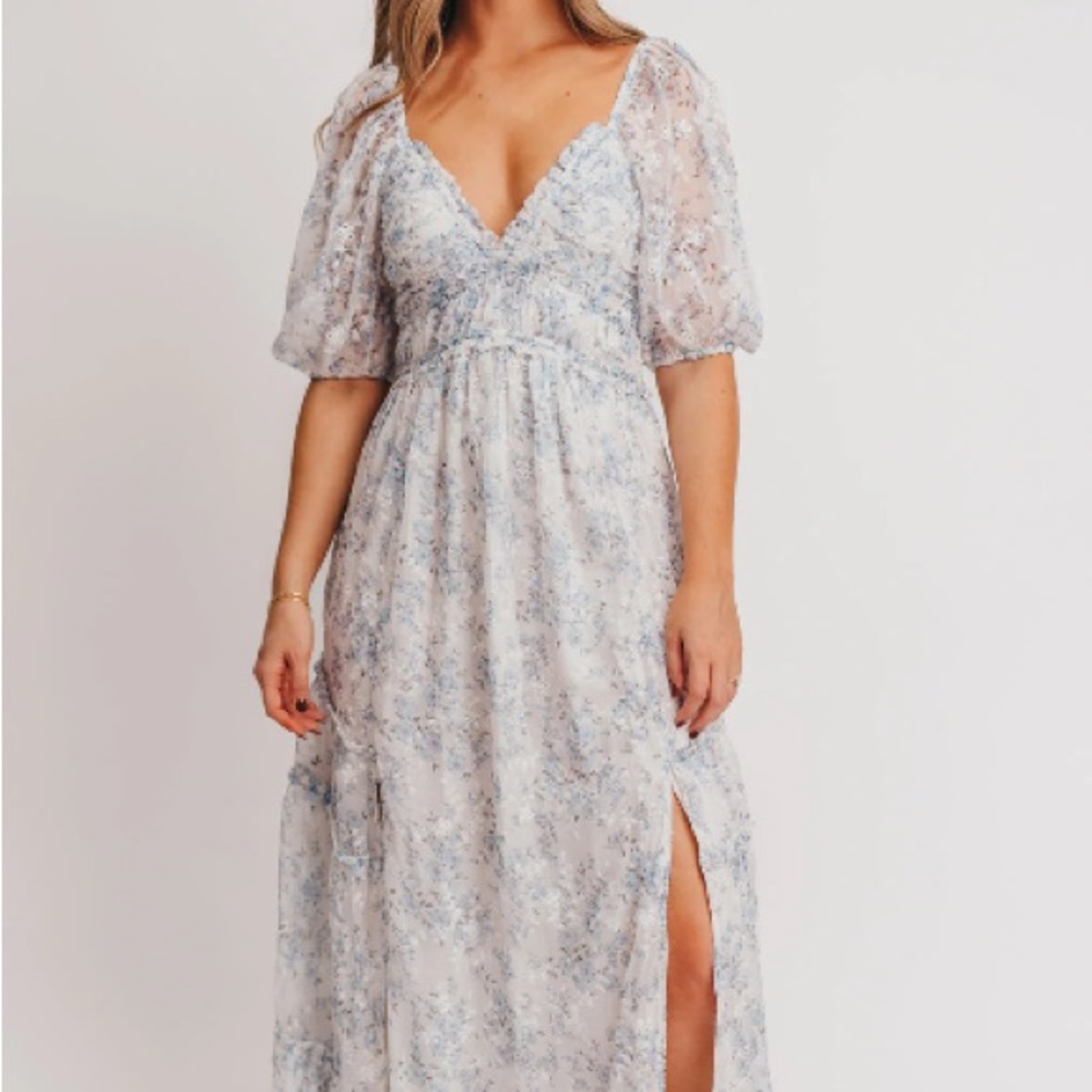 Worth Collective Daphne High Slit Eyelet Detail Maxi Dress Blue and White Floral
